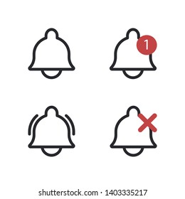 Notification bell icon for incoming inbox message. Vector ringing bell and notification number sign for alarm clock and smartphone application alert and mute symbol
