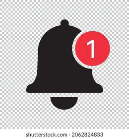 Notification bell icon for incoming inbox message on checked transparent background. Ringing bell and notification number for alarm clock and smartphone application alert. Vector illustration Eps 10.