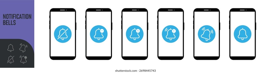 Notification bell icon for incoming inbox message on the smartphone screen. Bells is shaking to alert new notifications, ​for web site, logo, app, UI
