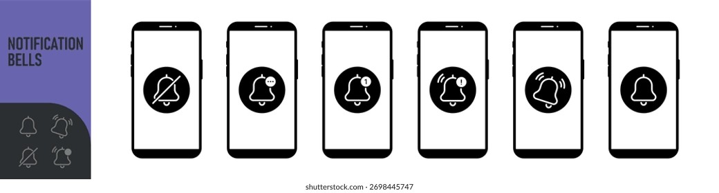 Notification bell icon for incoming inbox message on the smartphone screen. Bells is shaking to alert new notifications, ​for web site, logo, app, UI