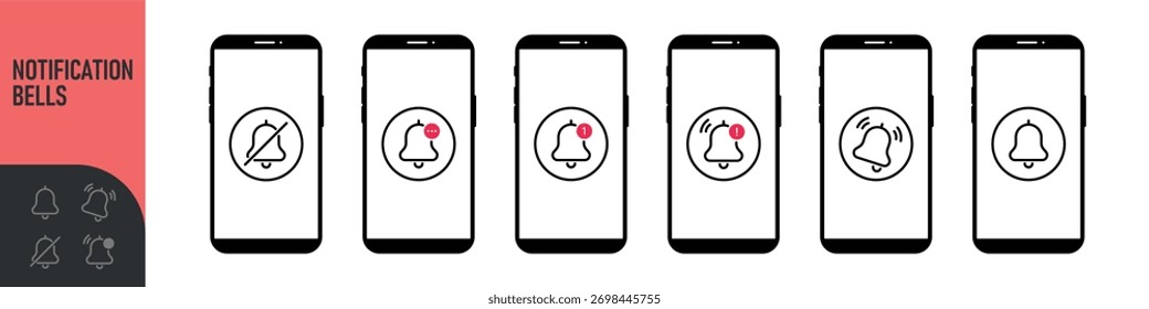 Notification bell icon for incoming inbox message on the smartphone screen. Bells is shaking to alert new notifications, ​for web site, logo, app, UI