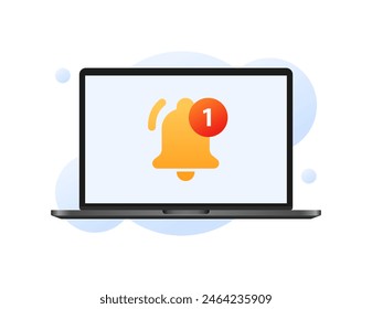 Icono de timbre de notificación. Pantalla del portátil. Estilo plano. Icono Vector