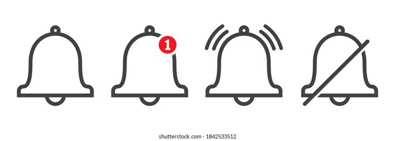 Notification bell icon in line style, ringing bell and notification for clock and smartphone, alarm alert isolated on white background, vector Illustration