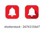 Notification bell icon with long shadow. Reminder, alarm symbol in red square