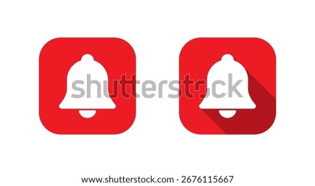 Notification bell icon with long shadow. Reminder, alarm symbol in red square