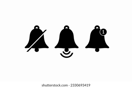 Notification bell icon, Mute ringing bell and notification number sign, Set of Silhouette bells symbol, Illustration vector design