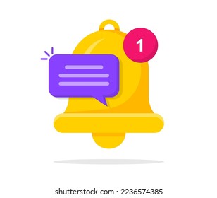 Notification bell icon with new message. Bell icon for new notification, incoming message, reminder and alert. Bell symbol for subscribe on channel and for social media reminder.