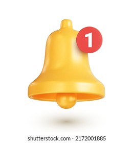 Icono de timbre de notificación con nueva notificación. Campana dorada realista, concepto de una nueva notificación de mensajes en los medios sociales, mensajeros instantáneos o correo electrónico. Ilustración vectorial 3d sobre fondo blanco