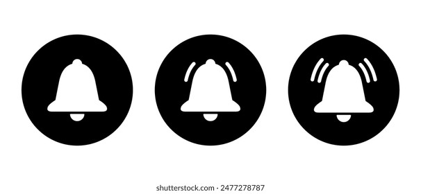 Notification bell icon on black circle. Alert, ringing sign symbol