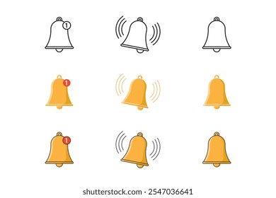 notification bell icon with outline, flat and outline filled styles