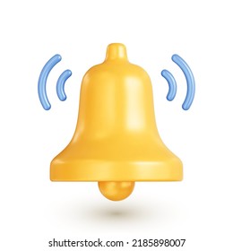 Notification bell icon. Realistic yellow ringing bell, the concept of social media reminder. 3d vector illustration isolated on a white background