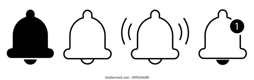 Symbol für Benachrichtigungsglocken gesetzt. Alarmsymbol. Eingehende Posteingang-Nachricht.  Social Media-Element. Flat and line Art Style. Vektorzeichen einzeln auf weißem Hintergrund
