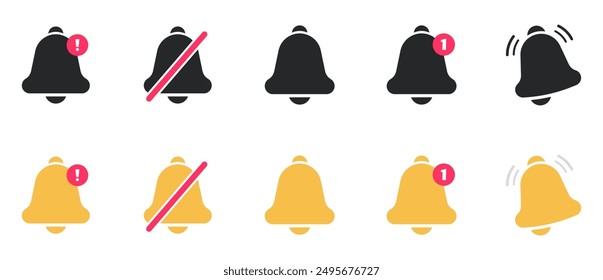 Notification bell icon set. Alarm symbol. Incoming message symbol. Bell for subscribe, alarm and push chat alert. New notification, reminder. Golden bell shakes to alert you to an upcoming schedule