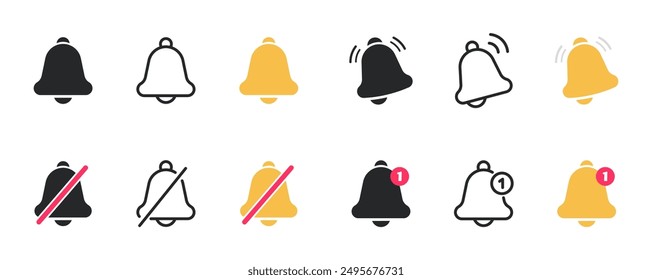 Notification bell icon set. Alarm symbol. Incoming message symbol. Bell for subscribe, alarm and push chat alert. New notification, reminder. Golden bell shakes to alert you to an upcoming schedule