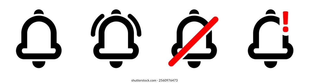 Notification bell icon set. Alarm symbol. Incoming message symbol.  alarm and push chat alert. New notification, reminder. outline and solid icon 