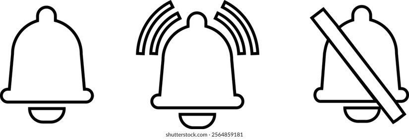 Notification bell icon set. Alarm symbol. Incoming inbox message. Ringing bells. Alarm clock and smartphone application alert. Social media element flat and line vector collection isolated transparent