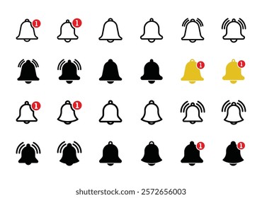 Notification bell icon set. Alarm symbol. Incoming message symbol.
