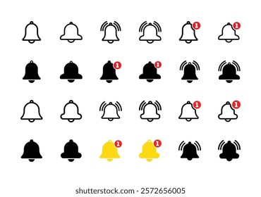 Notification bell icon set. Alarm symbol. Incoming message symbol.