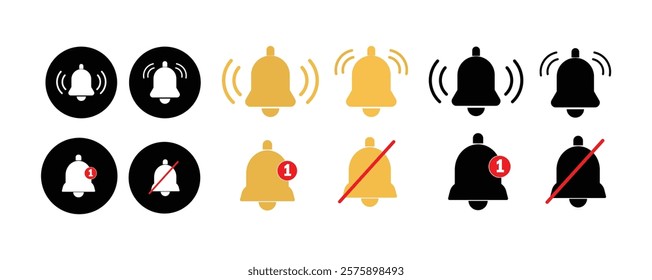 Notification bell icon set. Alarm symbol. Incoming message symbol. Bell for subscribe, alarm and push chat alert. New notification, reminder. Golden bell.