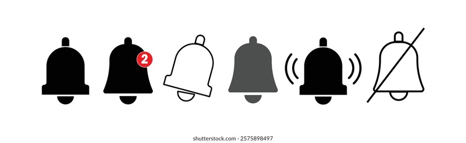 Notification bell icon set. Alarm symbol. Incoming message symbol. Bell for subscribe, alarm and push chat alert. New notification, reminder. Golden bell.