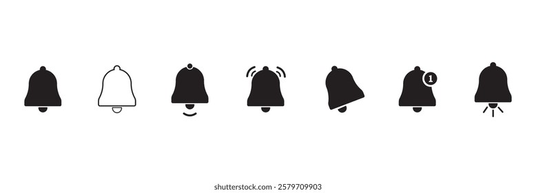 Notification bell icon set. Alarm symbol, Incoming message. Bell for subscribe, alarm and push chat alert. New notification, reminder. Golden bell shakes to alert you. Editable Stroke