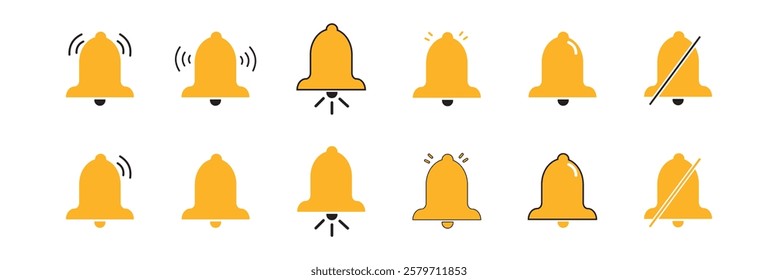 Notification bell icon set. Alarm symbol. Ringing bells reminder icon , incoming inbox message sign - Web icons collection set