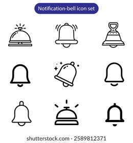 Notification bell icon set. Alarm symbol, Incoming message. Bell for subscribe, alarm and push chat alert. New notification, reminder. vector art illustration icon on white background.