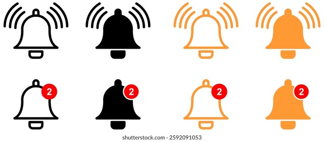 Notification bell icon set. Alarm symbol. Ringing bells.Outline flat notification reminder icons collection. vector illustration.