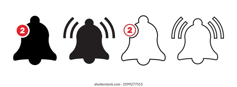 Notification bell icon set. Alarm symbol, Incoming message. New notification, reminder. Golden bell shakes to alert you. Bell for subscribe, alarm and push chat alert.  Editable Stroke