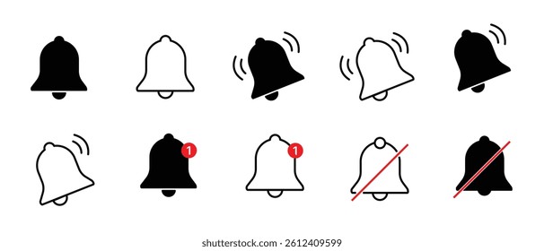 Notification bell icon set. Alarm symbol. Incoming message symbol. Bell for subscribe, alarm and push chat alert. New notification, reminder. Golden bell shakes to alert you to an upcoming schedule