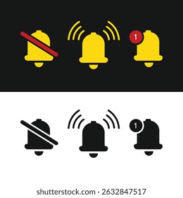Conjunto de iconos de campana de notificación. Símbolo de alarma. Símbolo de mensaje entrante. Campana para Suscribirse, alarma y alerta de chat push. Notificación Nueva, recordatorio. La campana dorada se sacude para alertarte de un próximo horario