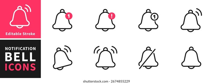Conjunto de iconos de campana de notificación. Símbolo de alarma. Símbolo de mensaje entrante. Campana para Suscribirse, alarma y alerta de chat push. Notificación Nueva, recordatorio. La campana dorada se sacude para alertarte de un próximo horario