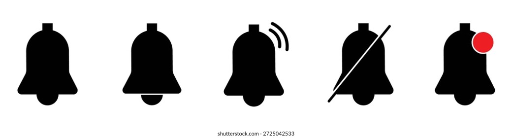 Conjunto de iconos de campana de notificación. Símbolo de alarma. Icono de recordatorio de timbres, mensajes entrantes de la bandeja de entrada. Eps-10.