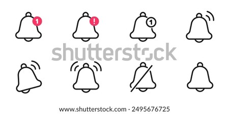 Notification bell icon set. Alarm symbol, Incoming message. Bell for subscribe, alarm and push chat alert. New notification, reminder. Golden bell shakes to alert you. Editable Stroke