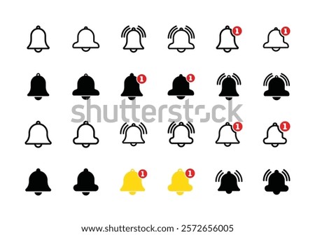 Notification bell icon set. Alarm symbol. Incoming message symbol.