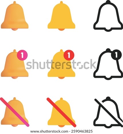 Notification bell icon set. Alarm symbol. Incoming message symbol. Subscribe, and push chat alert. New reminder. Golden bell to alert you to an upcoming schedule