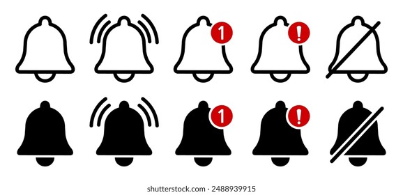 Notification bell icon set, alert icon for incoming inbox message, ringing bell and notification number sign for alert and alarm