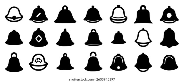 Notification bell icon set with alert and reminder symbols. Includes mobile and web app elements, perfect for social media, messages, updates, Isolated vector illustration