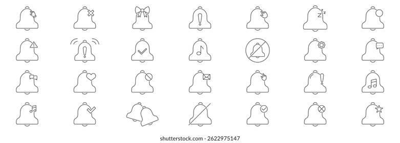 Notification Bell Icon Set. Alert, Reminder, And Notification Symbol Collection. Includes Mute, Settings, Message, And Music Alerts. Editable Stroke. Isolated Vector Illustration.