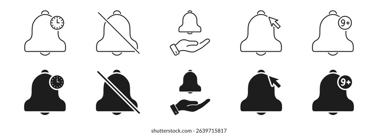 Notification Bell Icon Set. Alert, Reminder, And Notification Management Outline And Silhouette Symbol Collection. Includes Time, Mute, Interaction, And Count Indicators. Isolated Vector Illustration.