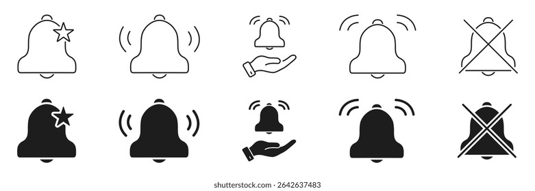 Notification Bell Icon Set. Alert, Reminder, And Mute Functionality Outline And Silhouette Symbol Collection. Includes Star, Hand, And Cross Variations. Isolated Vector Illustration.