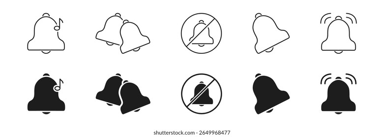 Conjunto de Ícones da Campainha de Notificação. Conjunto De Símbolos De Silhueta E Estrutura De Tópicos De Indicação De Som E Alerta, Sem Som. Inclui Variações De Campainha Em Toque, Silenciosa E Emparelhada. Ilustração de vetor isolada.