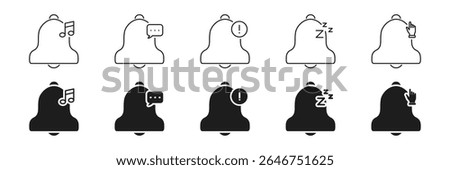 Notification Bell Icon Set. Alert, Message, Reminder, Sleep, And Interaction Symbols Collection. Communication And User Engagement Indicators. Isolated Vector Illustration.