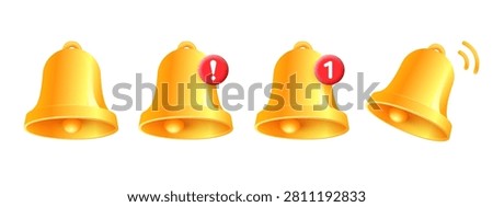 Notification bell icon set with alert badge, unread indicator for mobile application, communication, messages