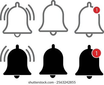 Notification bell icon set. along with a ringing bell and notification number sign for alerts and alarms

