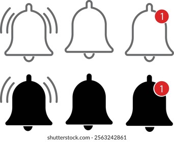 Notification bell icon set. along with a ringing bell and notification number sign for alerts and alarms
