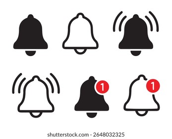 Notification bell icon set. along with a ringing bell and notification number sign for alerts and alarms.
