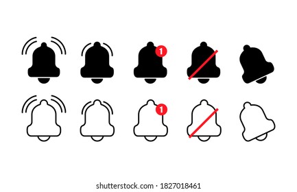 Notification bell icon set. For app. Alert or mute sign. Vector EPS 10. Isolated on white background