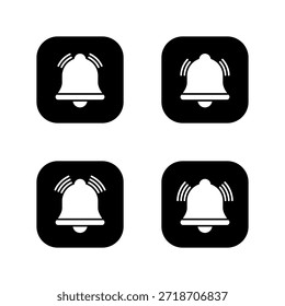 Icono de campana de notificación en cuadrado negro. Símbolo de alarma, recordatorio y alerta
