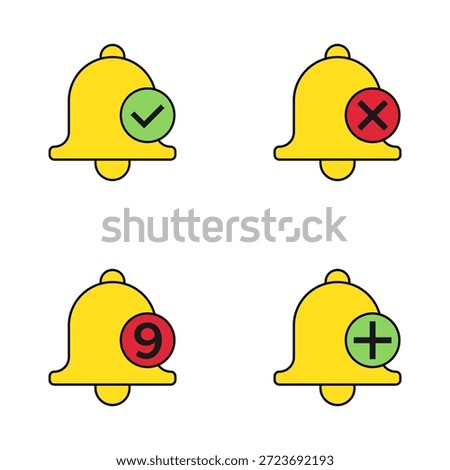 Notification Bell Icon Set With Check Cross Plus And Alert Badge